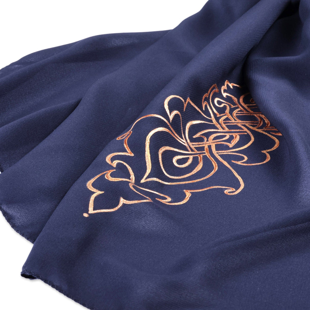 Armenian Blue Silk Scarf with Hand-Painted Motifs in Gold - Blue Splendor