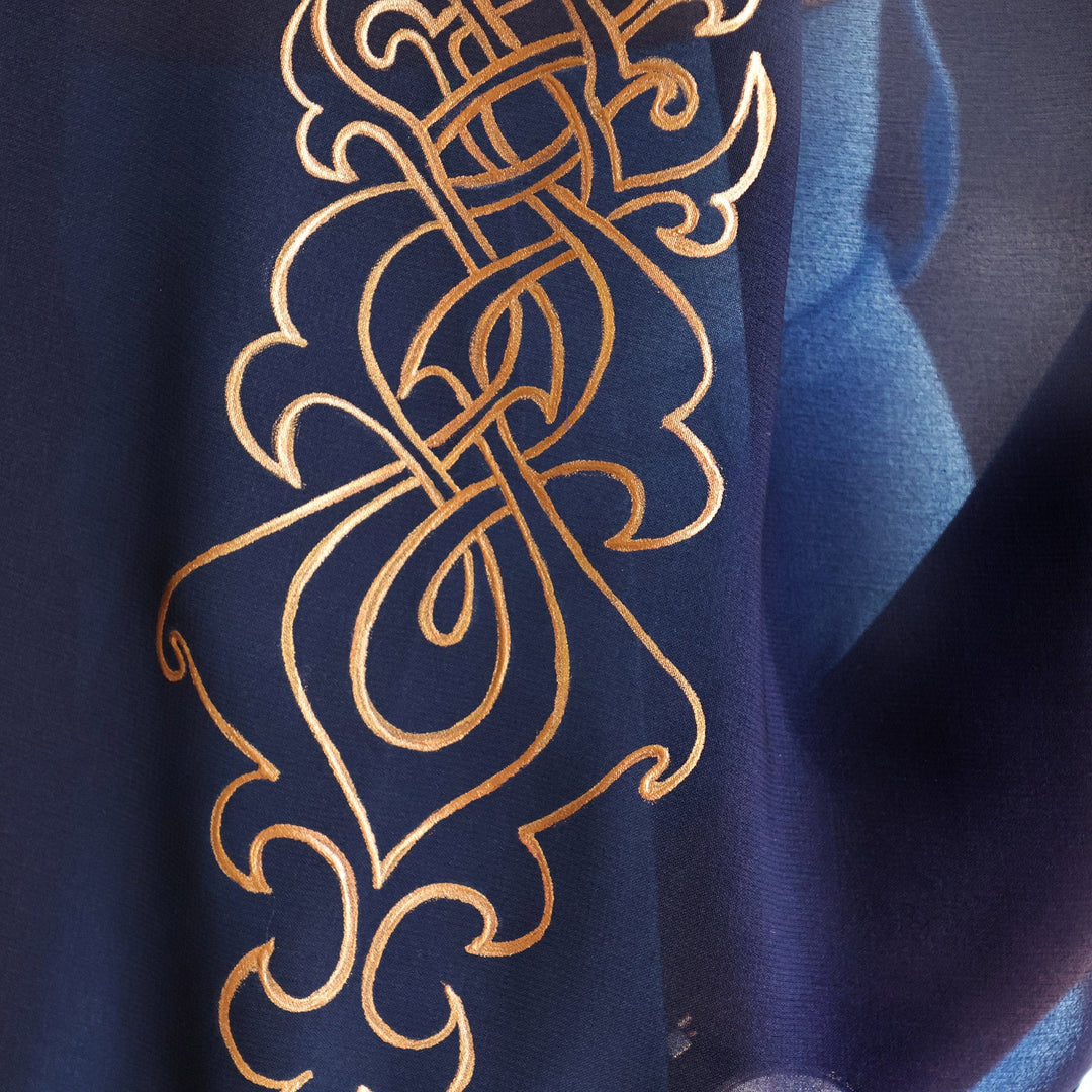 Armenian Blue Silk Scarf with Hand-Painted Motifs in Gold - Blue Splendor