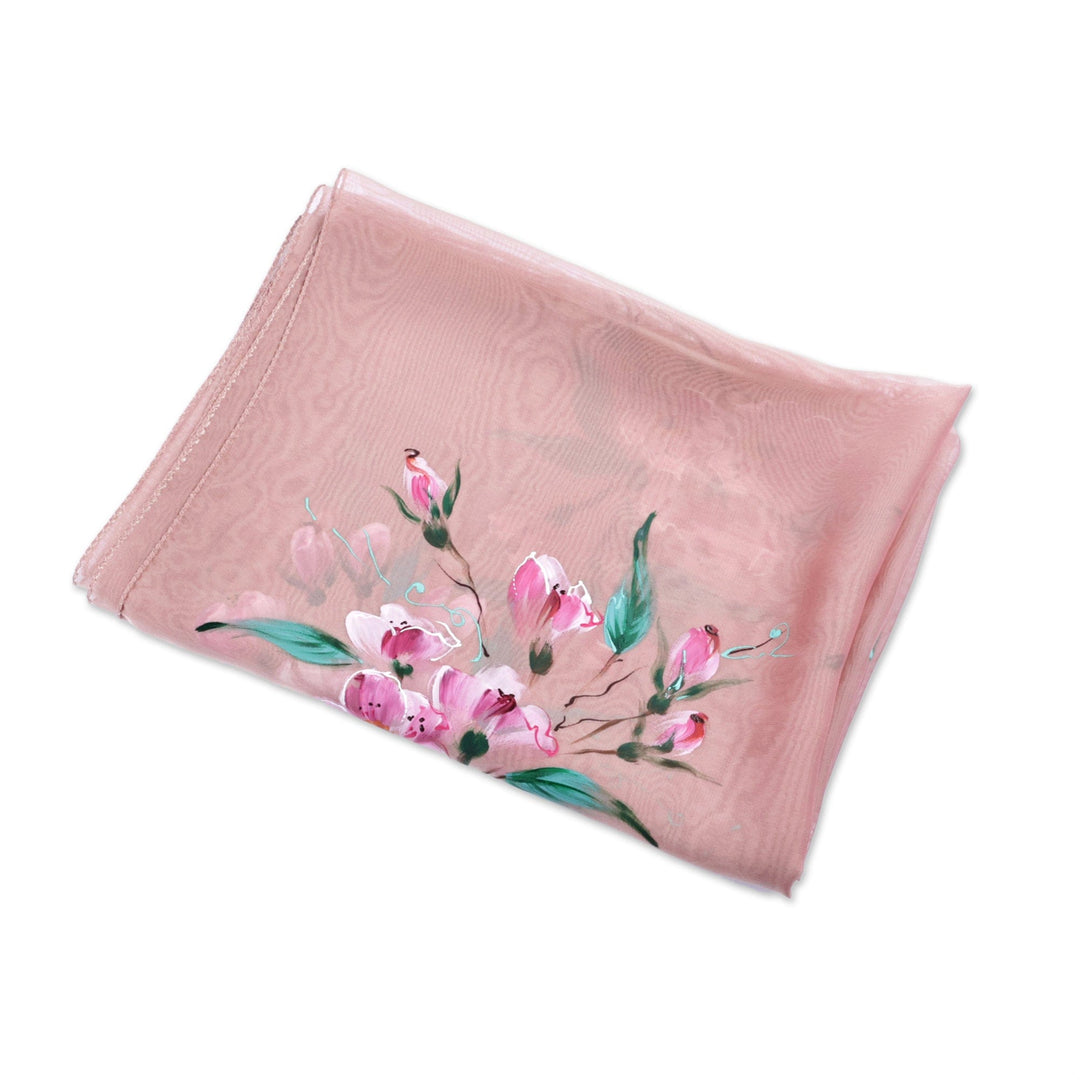 Armenian Beige Silk Scarf with Hand-Painted Floral Motifs - Garden Delight