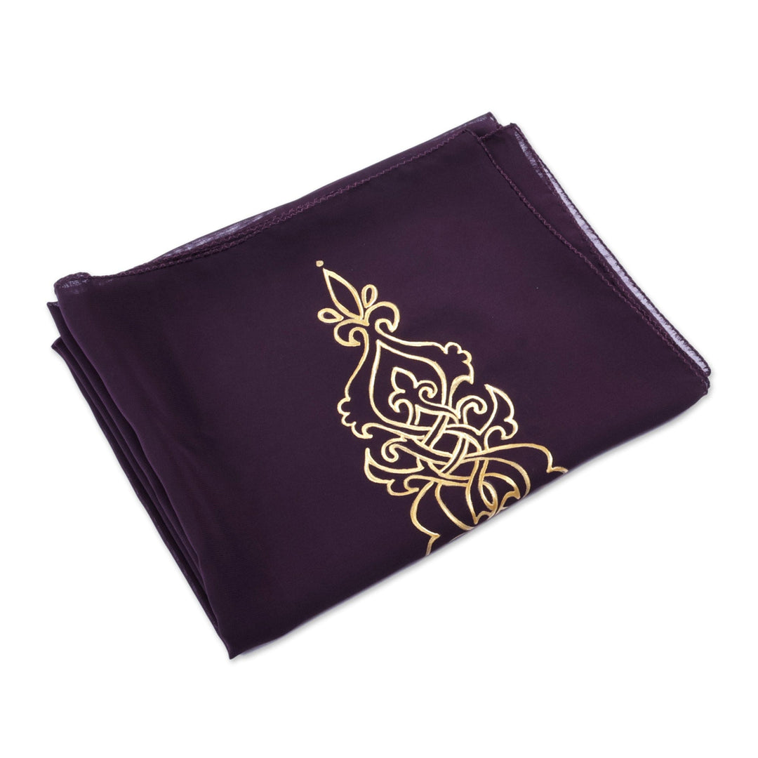 Armenian Purple Silk Scarf with Hand-Painted Motifs in Gold - Embellished Purple