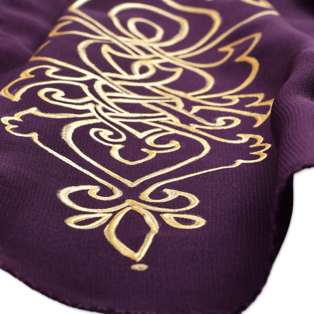 Armenian Purple Silk Scarf with Hand-Painted Motifs in Gold - Embellished Purple