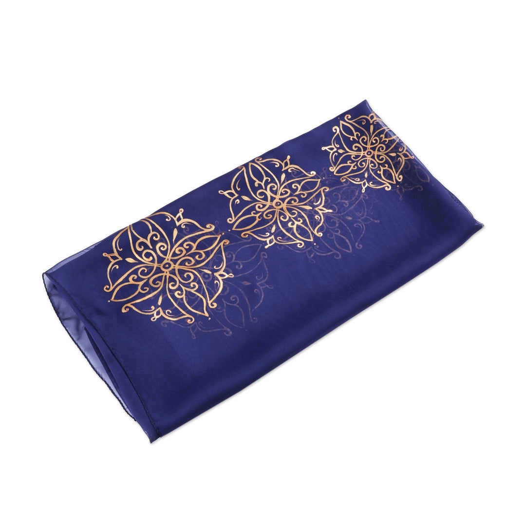Hand-Painted Floral Blue and Golden Silk Scarf from Armenia - Flowers of Glory