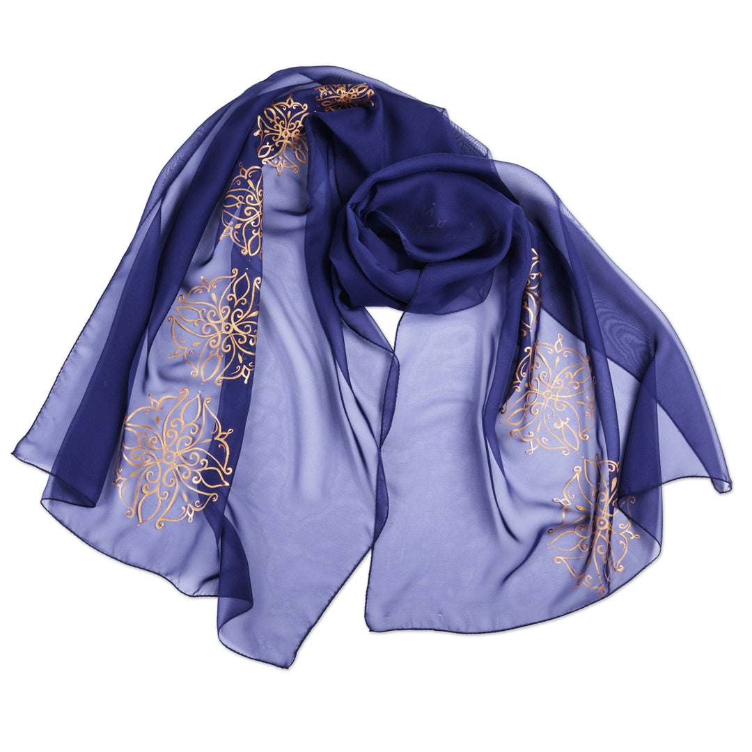 Hand-Painted Floral Blue and Golden Silk Scarf from Armenia - Flowers of Glory