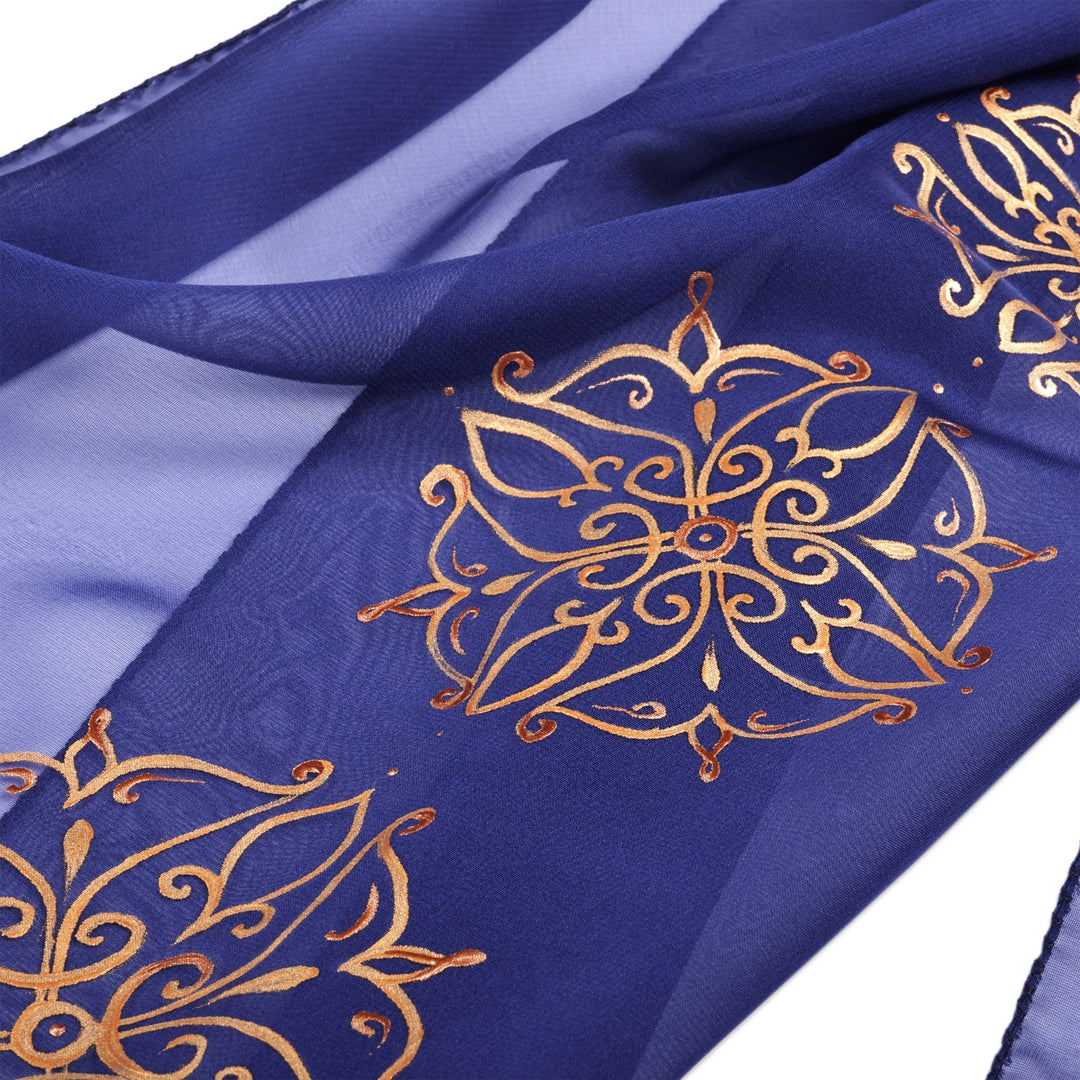 Hand-Painted Floral Blue and Golden Silk Scarf from Armenia - Flowers of Glory