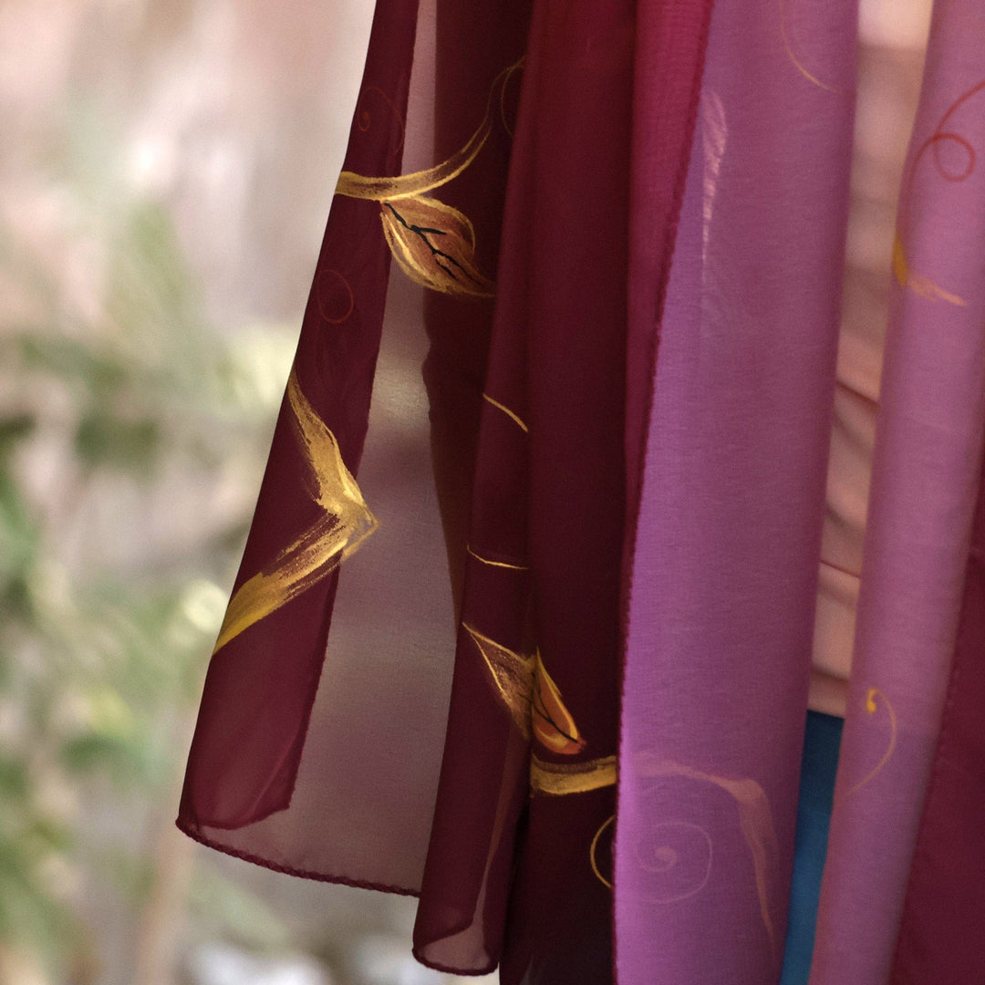 Red Silk Scarf with Hand-Painted Pomegranate & Leaf Motifs - Chic Pomegranate