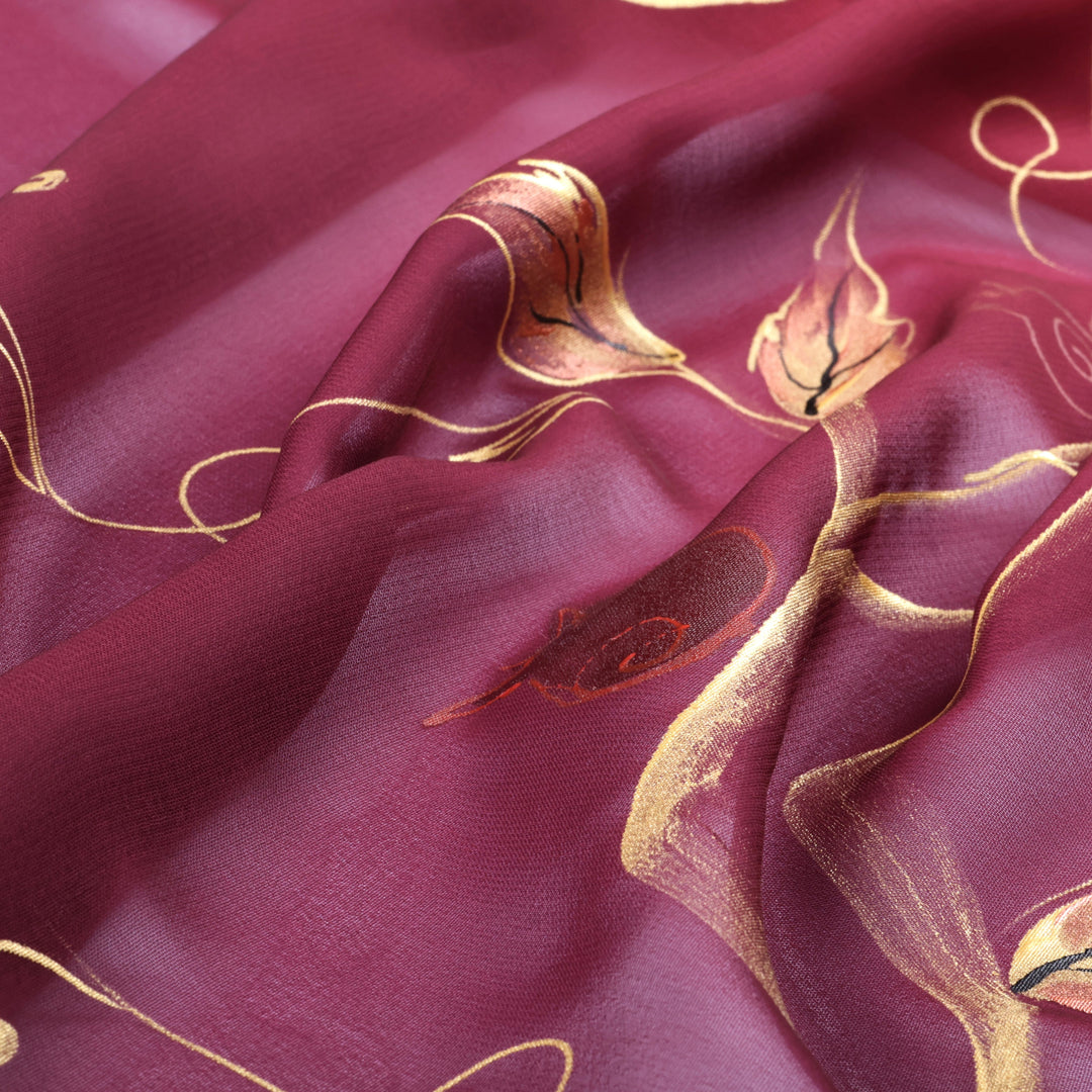 Red Silk Scarf with Hand-Painted Pomegranate & Leaf Motifs - Chic Pomegranate