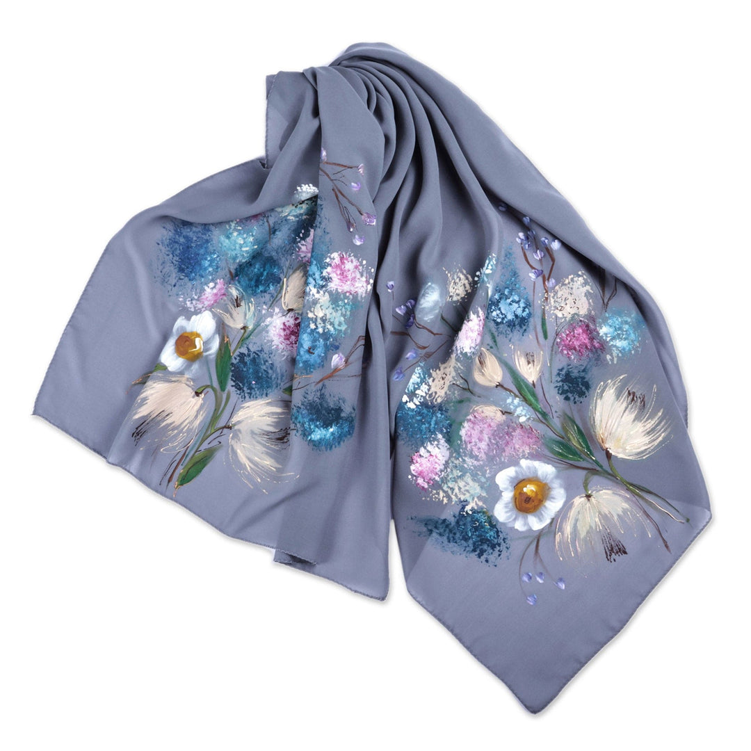 Grey Silk Scarf with Hand-Painted Floral Motifs from Armenia - Chic Bouquet