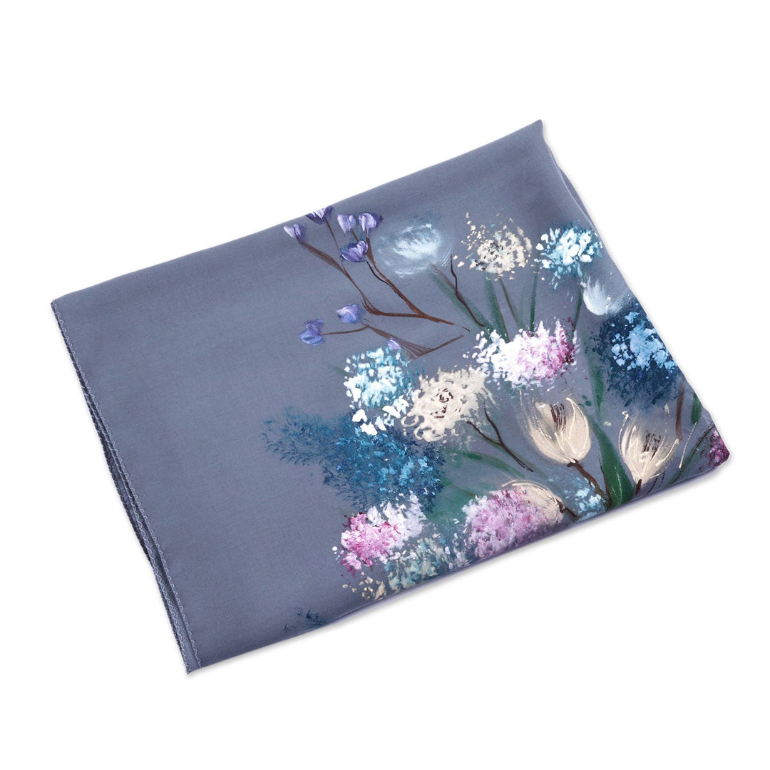 Grey Silk Scarf with Hand-Painted Floral Motifs from Armenia - Chic Bouquet