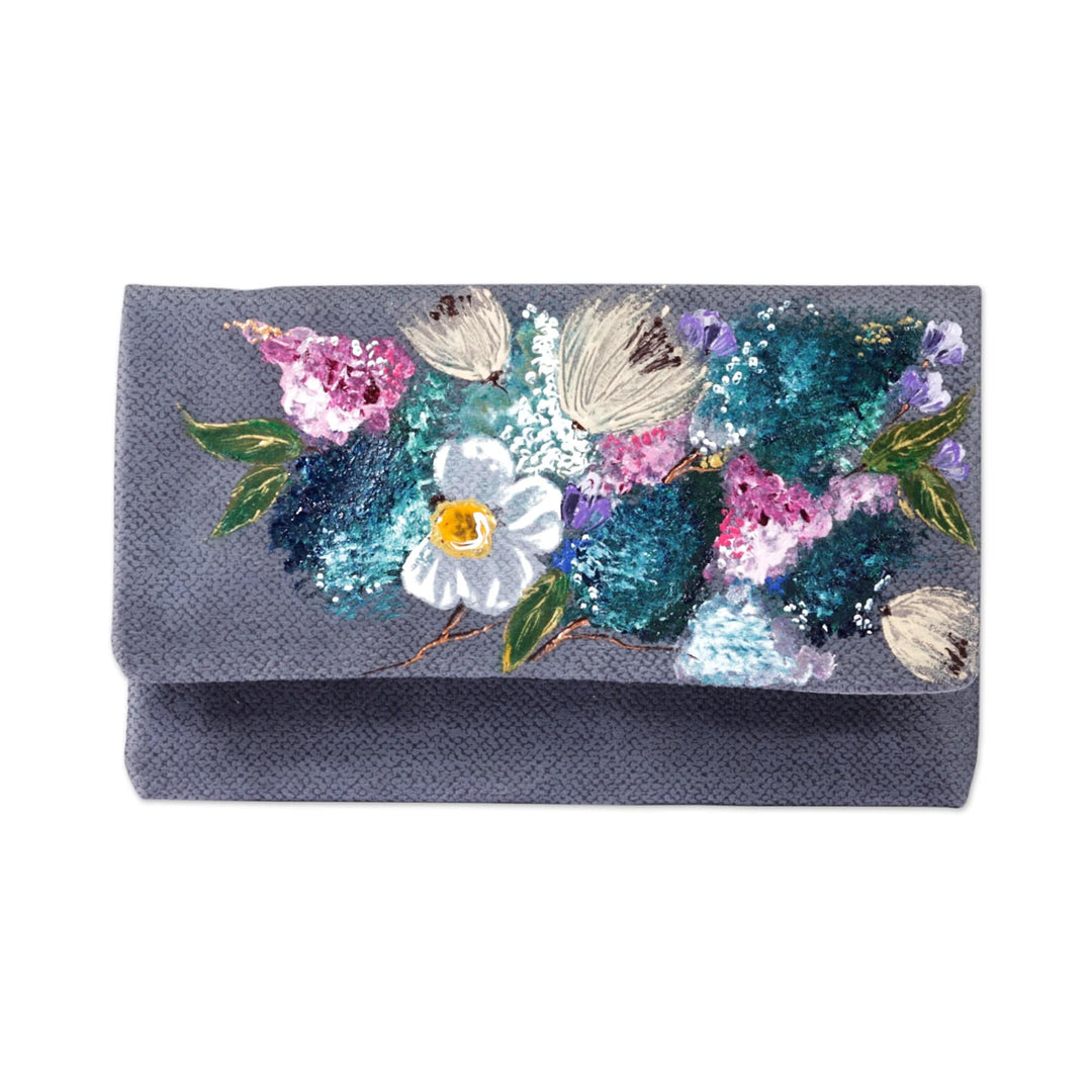 Hand-Painted Floral Grey Velvet Clutch from Armenia - Armenian Breeze