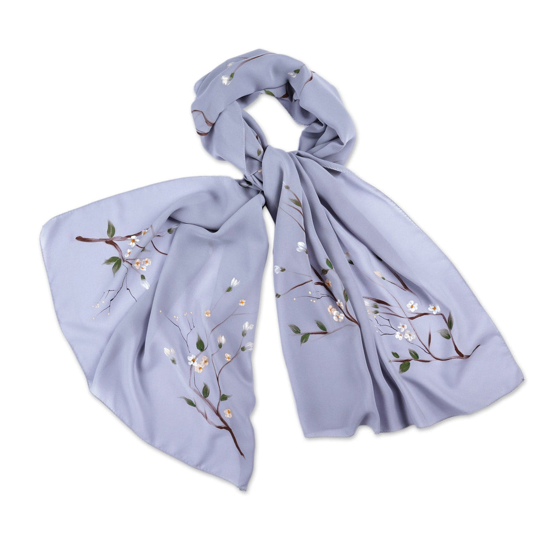 Hand-Painted Floral Soft Lavender Silk Scarf from Armenia - Lavender Nature