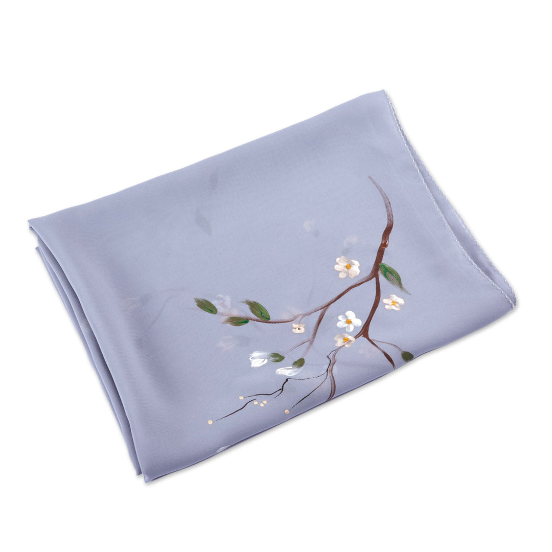 Hand-Painted Floral Soft Lavender Silk Scarf from Armenia - Lavender Nature