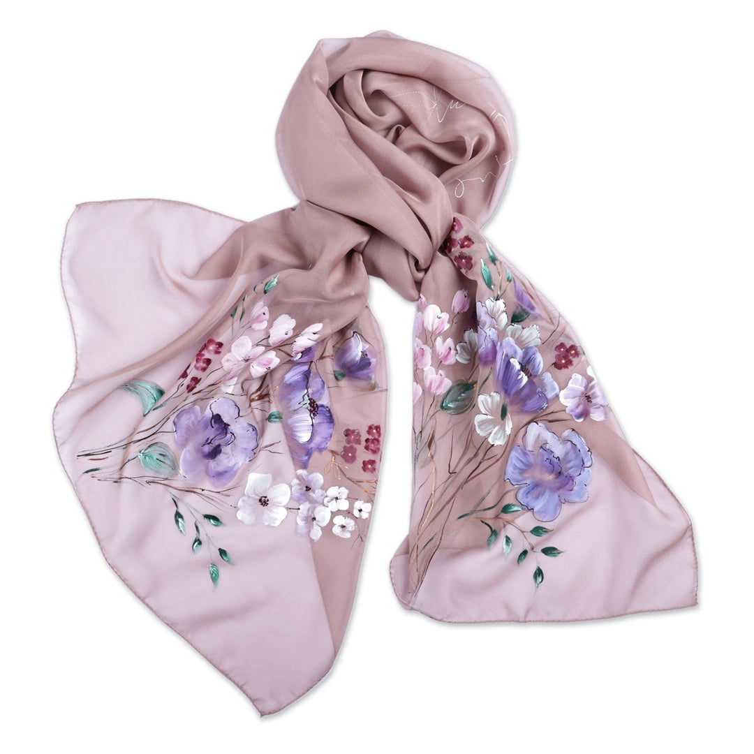Hand-Painted Floral Soft Beige Silk Scarf from Armenia - Primaveral Beige