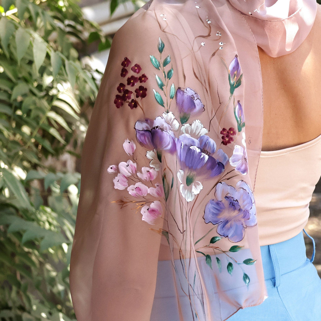 Hand-Painted Floral Soft Beige Silk Scarf from Armenia - Primaveral Beige