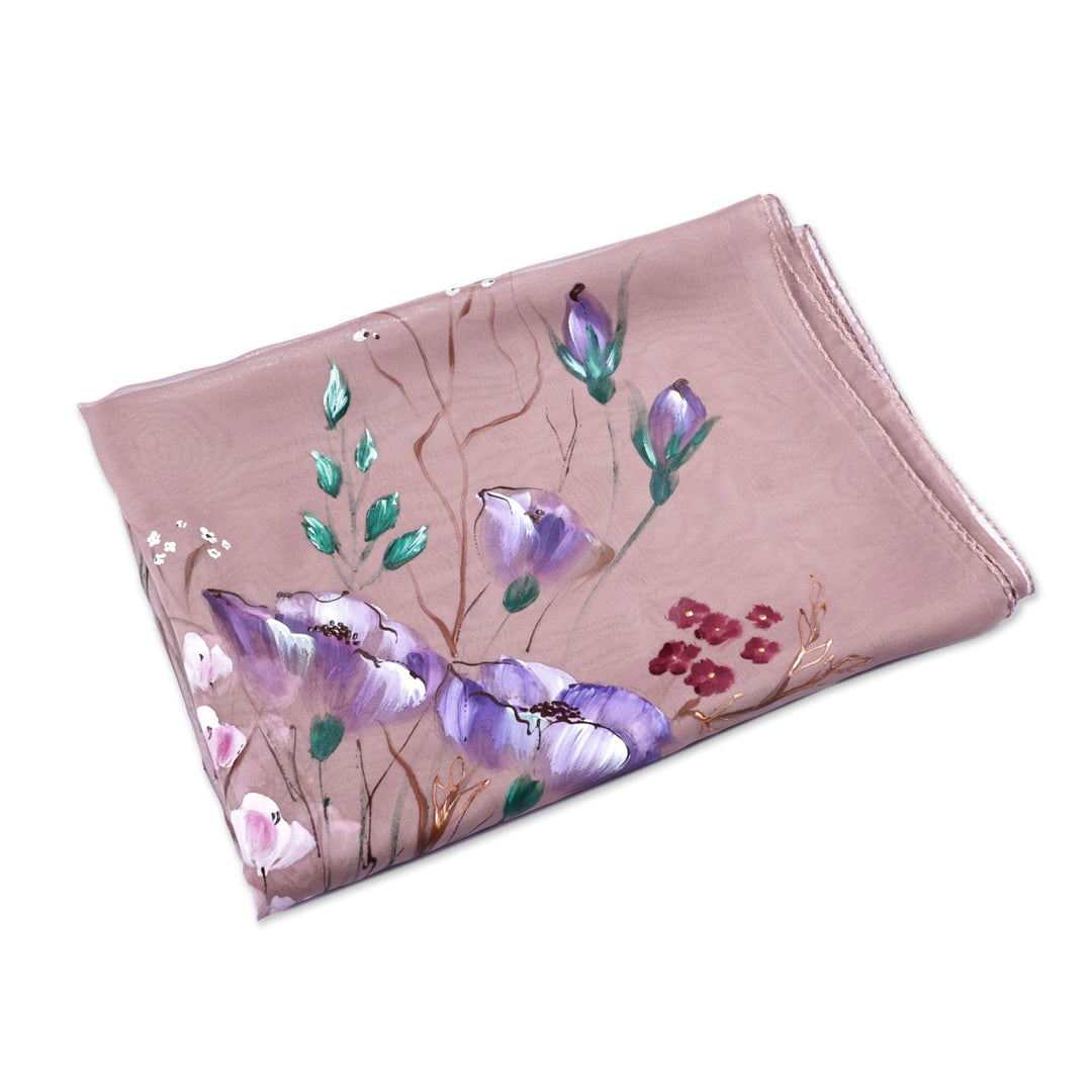 Hand-Painted Floral Soft Beige Silk Scarf from Armenia - Primaveral Beige