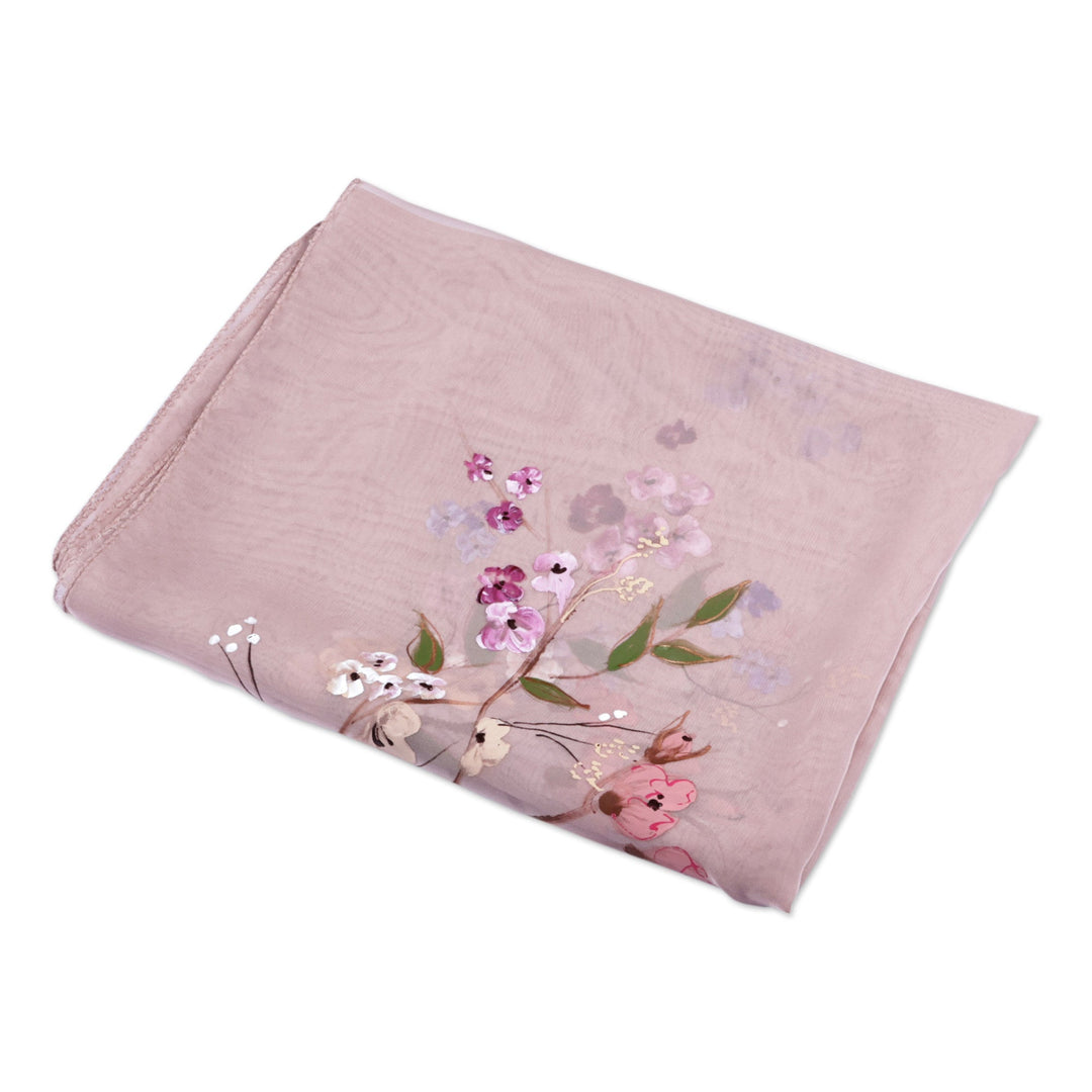 Hand-Painted Floral Semi-Sheer Pink Silk Scarf from Armenia - Blooming Grace