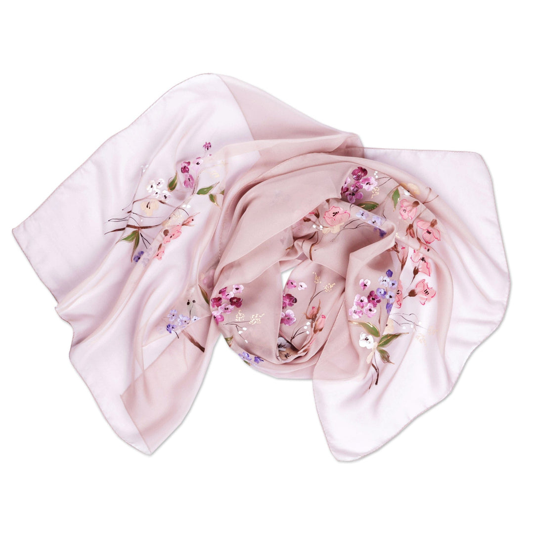 Hand-Painted Floral Semi-Sheer Pink Silk Scarf from Armenia - Blooming Grace
