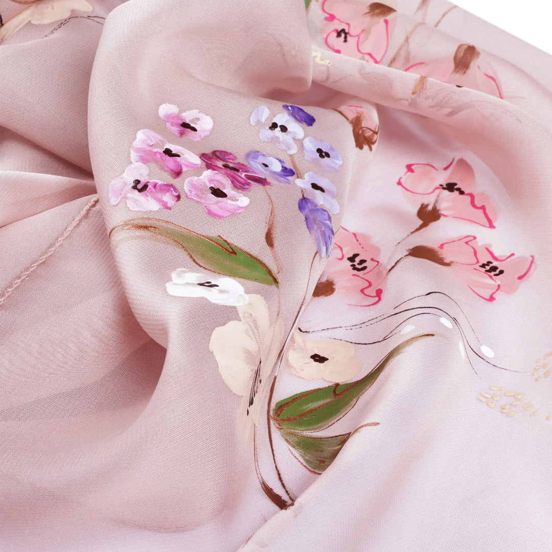 Hand-Painted Floral Semi-Sheer Pink Silk Scarf from Armenia - Blooming Grace