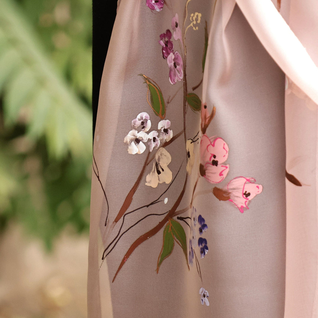 Hand-Painted Floral Semi-Sheer Pink Silk Scarf from Armenia - Blooming Grace