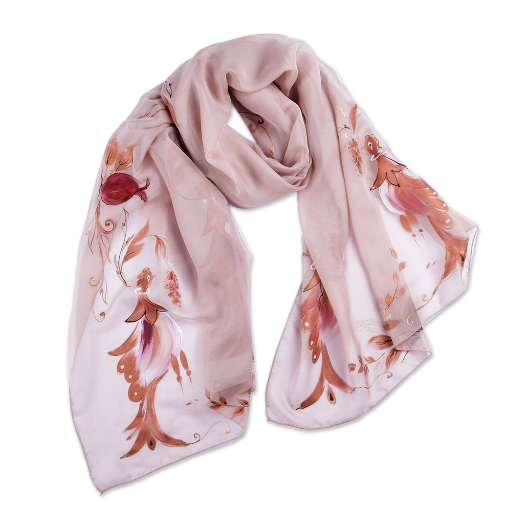 Bird and Pomegranate-Themed Hand-Painted Beige Silk Scarf - Beige Eden