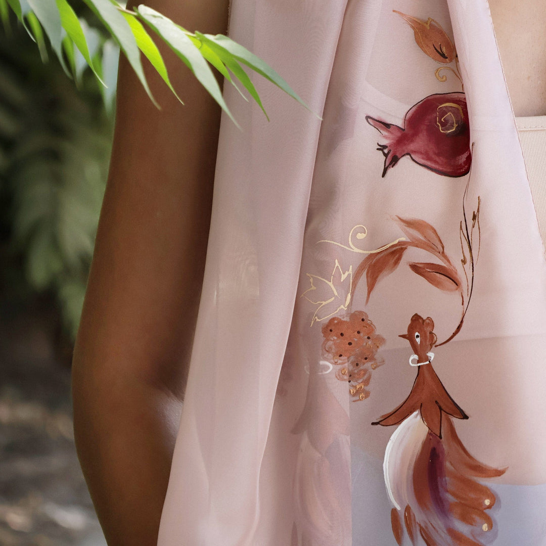 Bird and Pomegranate-Themed Hand-Painted Beige Silk Scarf - Beige Eden