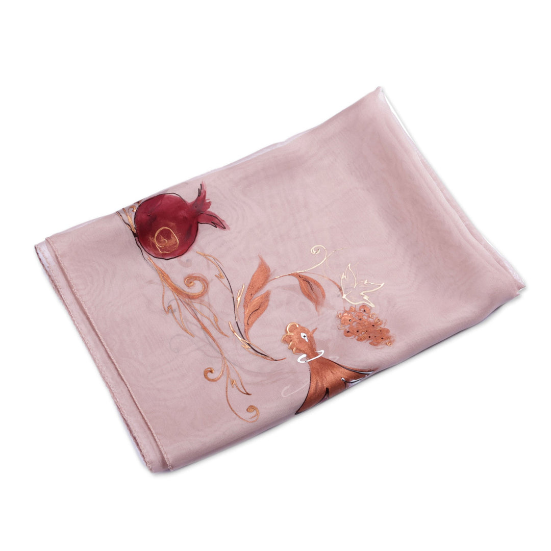 Bird and Pomegranate-Themed Hand-Painted Beige Silk Scarf - Beige Eden