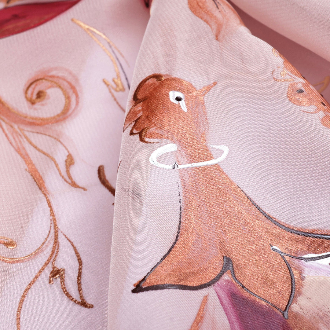 Bird and Pomegranate-Themed Hand-Painted Beige Silk Scarf - Beige Eden