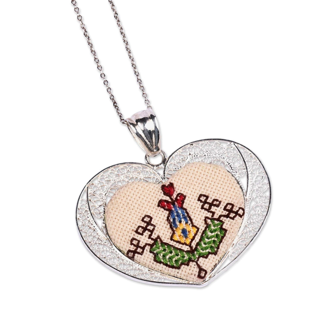 Embroidered Floral Heart-Shaped Filigree Pendant Necklace - Romance in Armenia