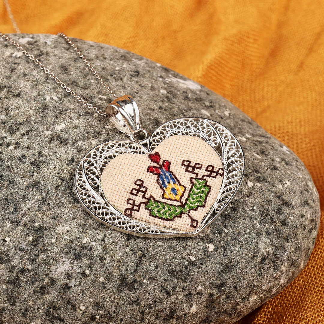 Embroidered Floral Heart-Shaped Filigree Pendant Necklace - Romance in Armenia