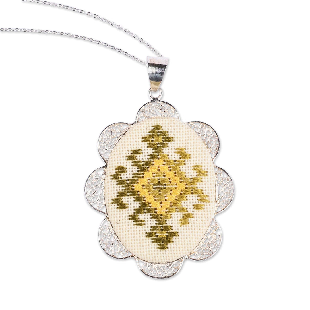 Embroidered Yellow Sterling Silver Filigree Pendant Necklace - Duchess Sparkle