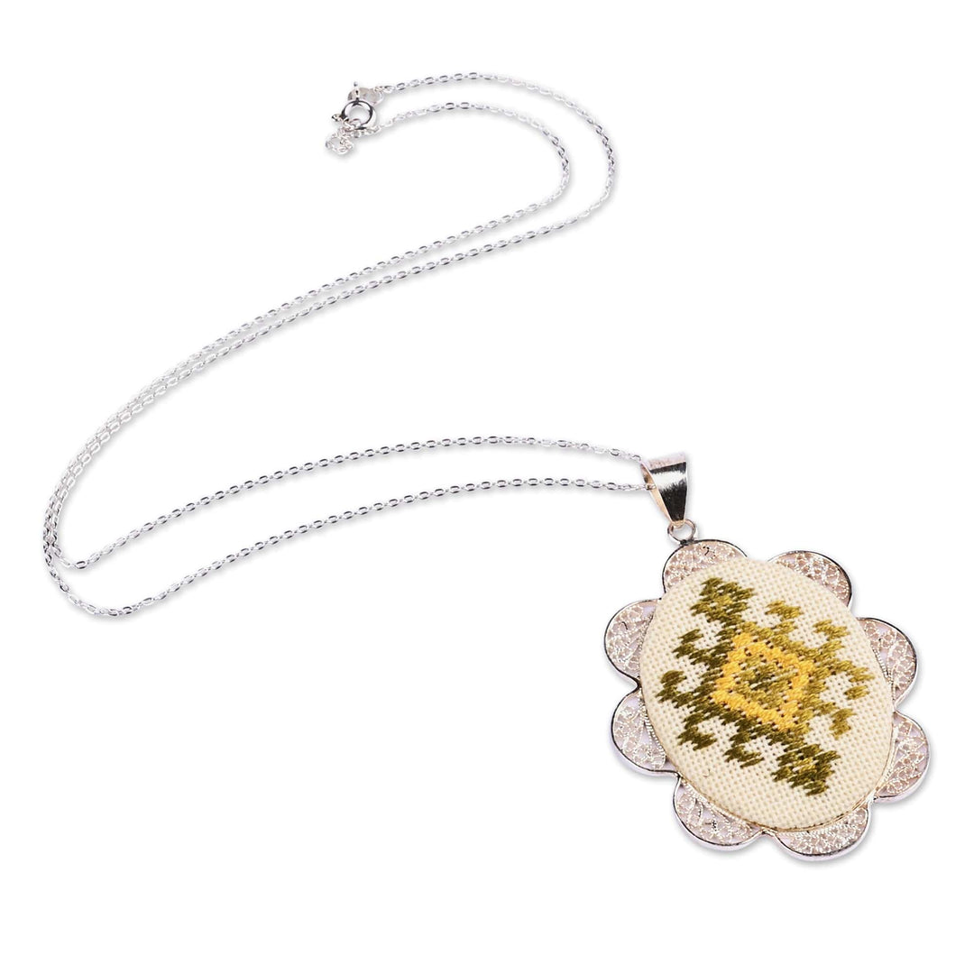 Embroidered Yellow Sterling Silver Filigree Pendant Necklace - Duchess Sparkle