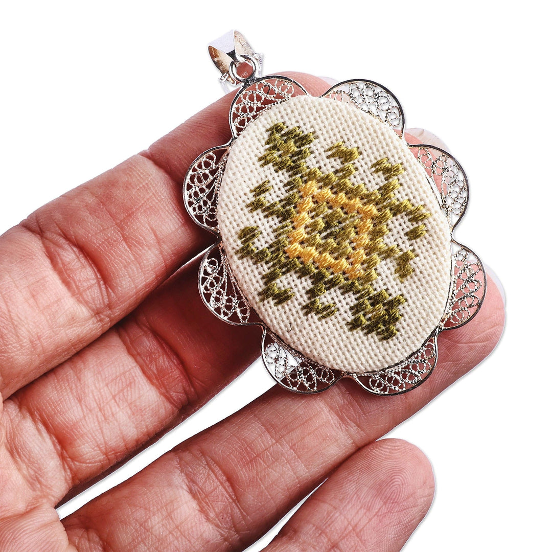 Embroidered Yellow Sterling Silver Filigree Pendant Necklace - Duchess Sparkle