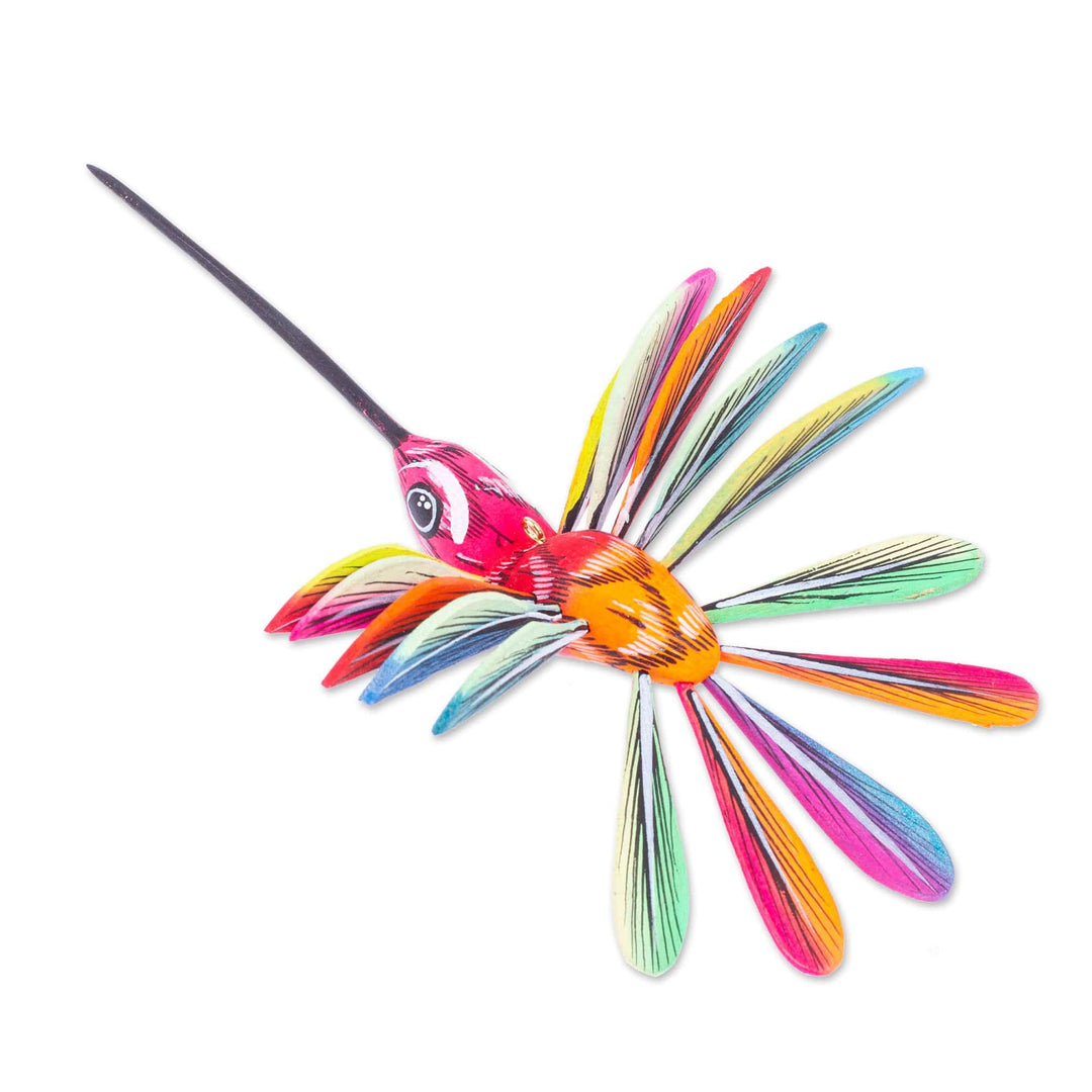 Hand-Painted Carnation Copal Wood Alebrije Bird Ornament - Festival Plumage