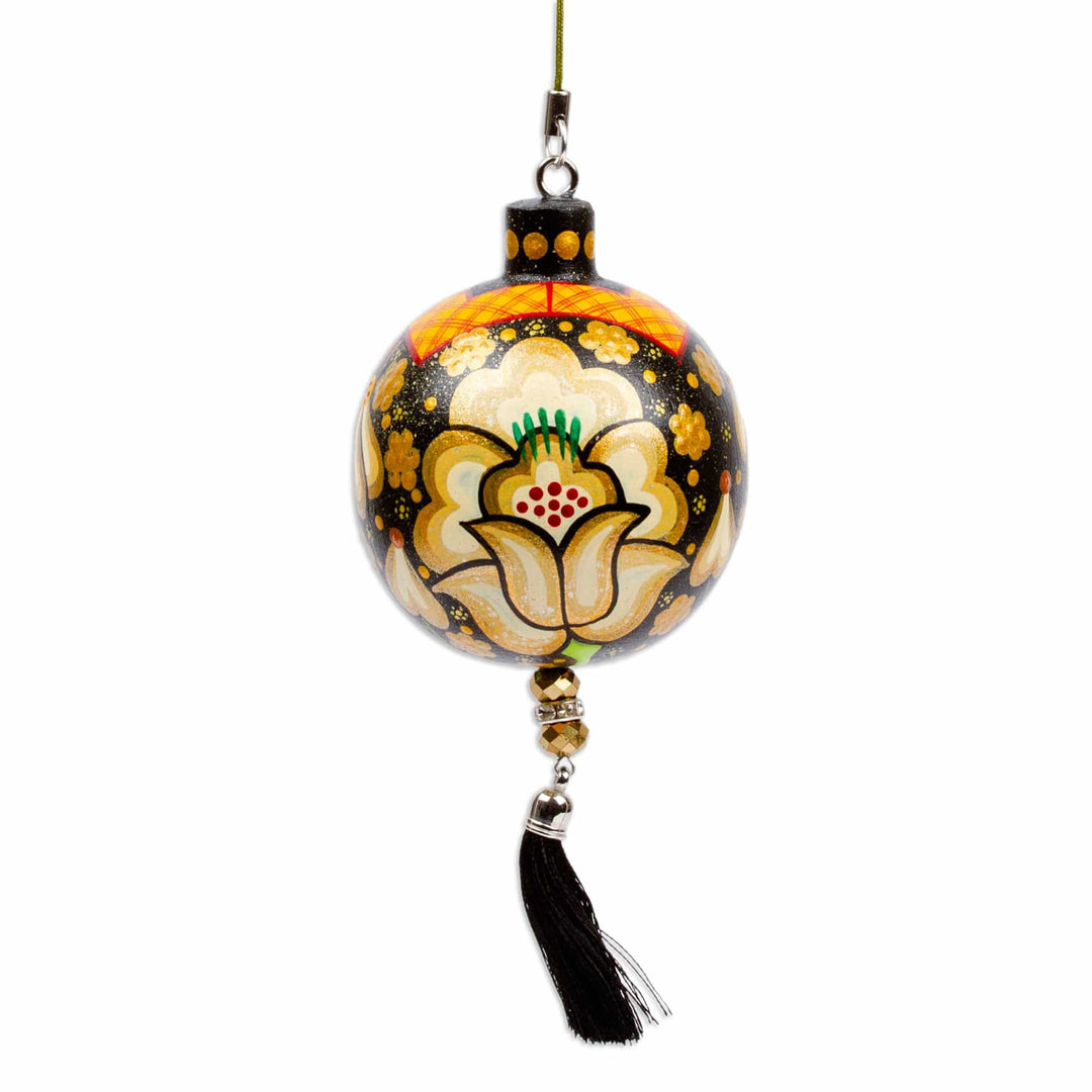 Hand-Painted Floral Copal Wood Ornament in a Golden - Oaxaca's Golden Spring