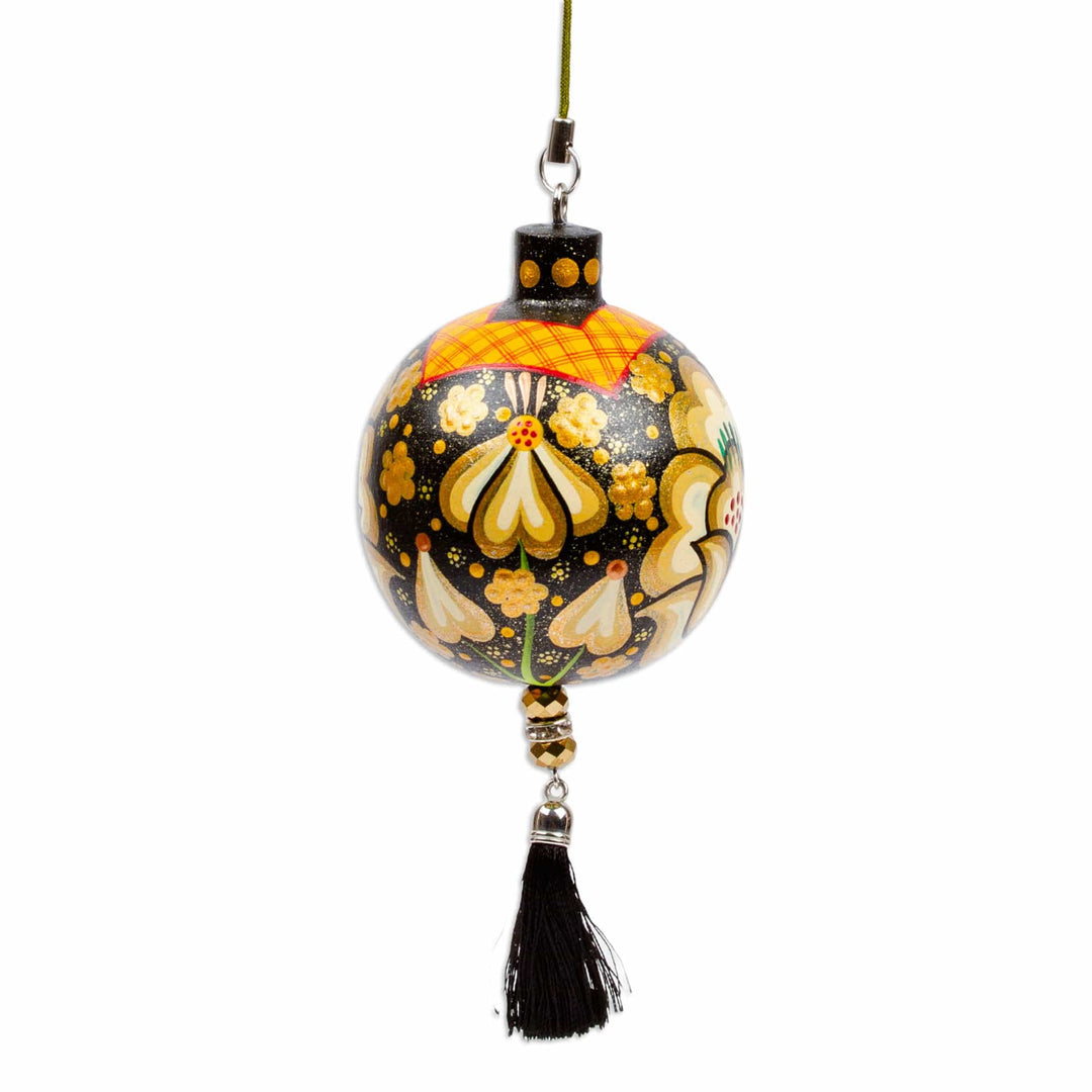 Hand-Painted Floral Copal Wood Ornament in a Golden - Oaxaca's Golden Spring