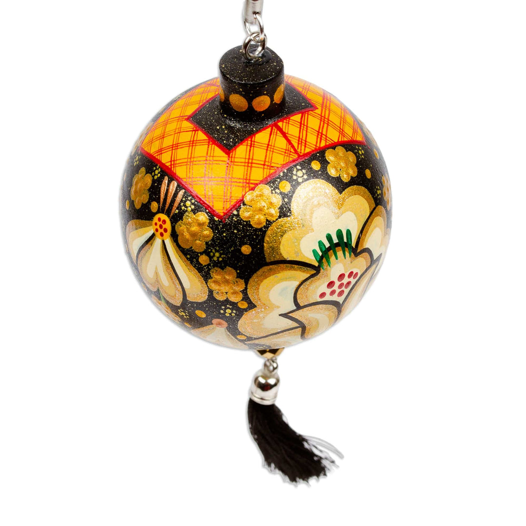 Hand-Painted Floral Copal Wood Ornament in a Golden - Oaxaca's Golden Spring