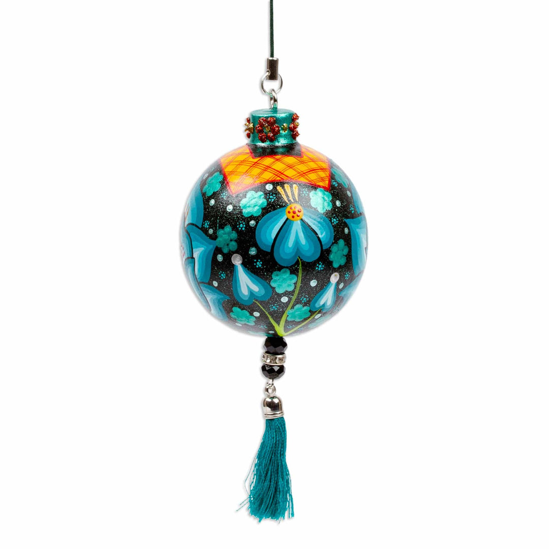 Hand-Painted Floral Copal Wood Ornament in Turquoise - Oaxaca's Turquoise Spring
