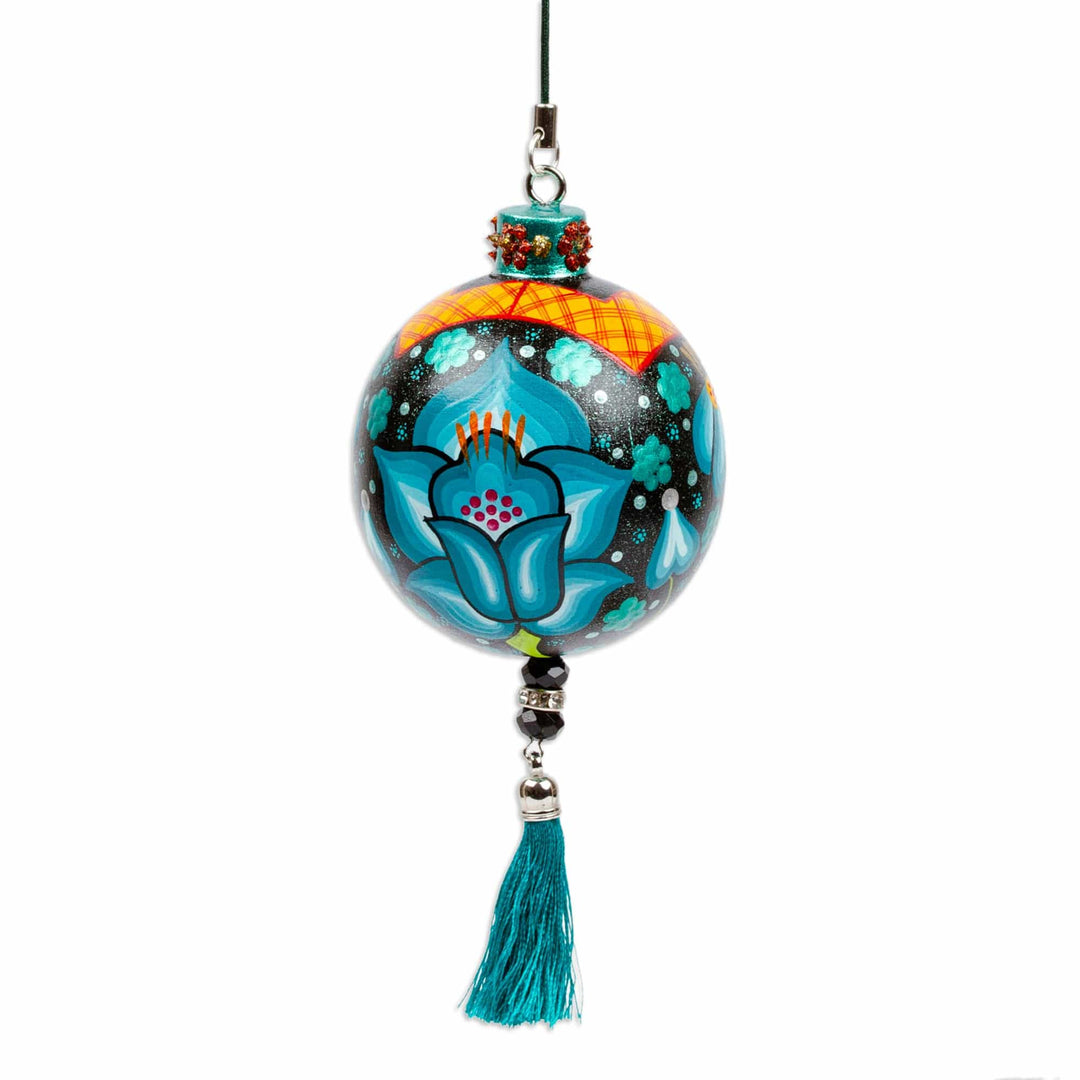 Hand-Painted Floral Copal Wood Ornament in Turquoise - Oaxaca's Turquoise Spring