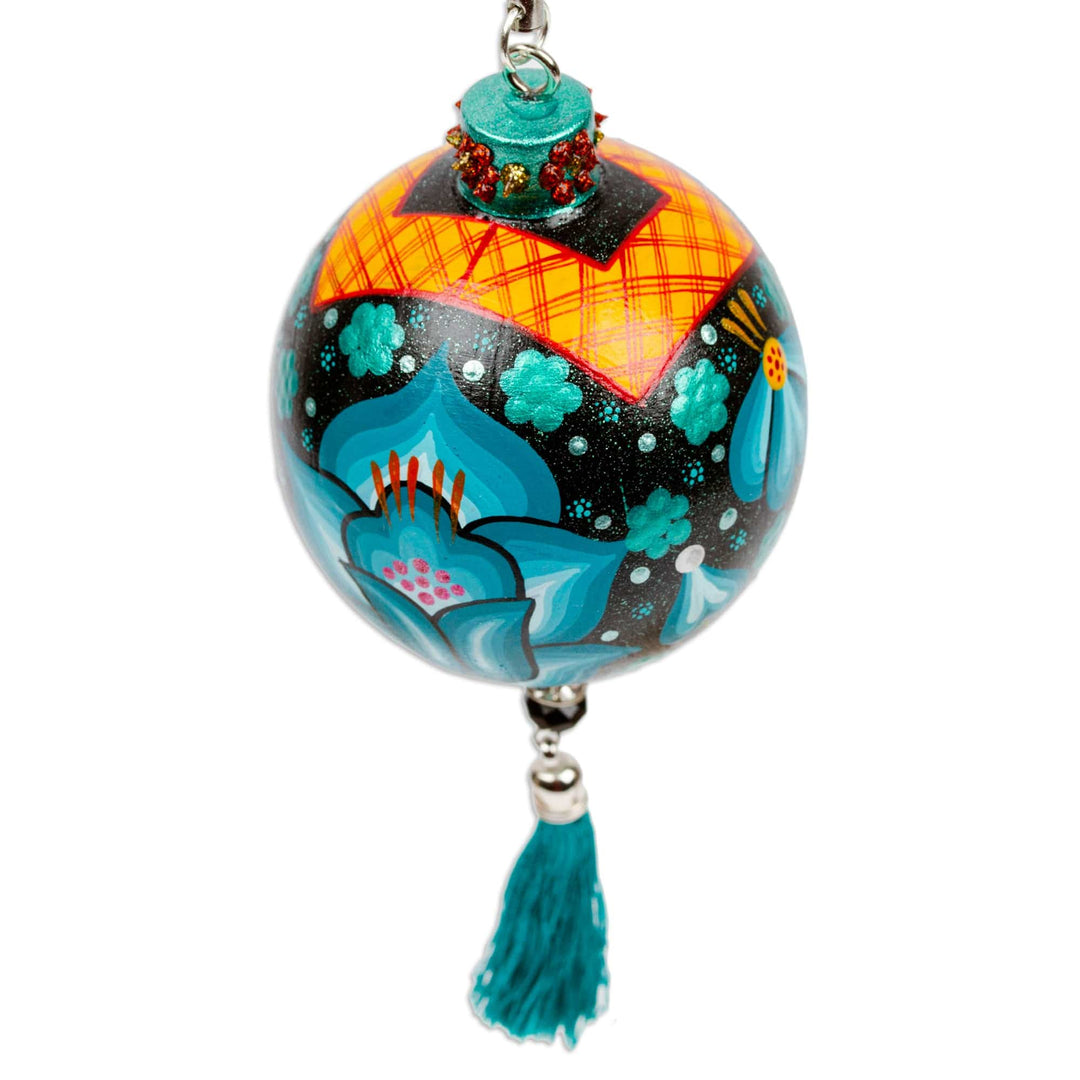 Hand-Painted Floral Copal Wood Ornament in Turquoise - Oaxaca's Turquoise Spring
