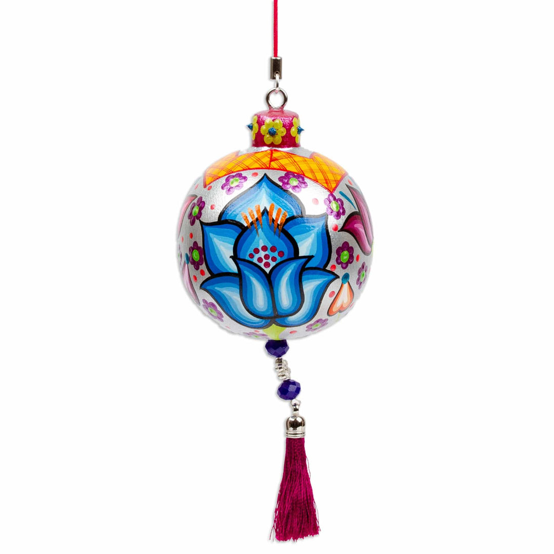 Hand-Painted Floral Copal Wood Ornament in a Silver Base Hue - Oaxaca's Silver Spring