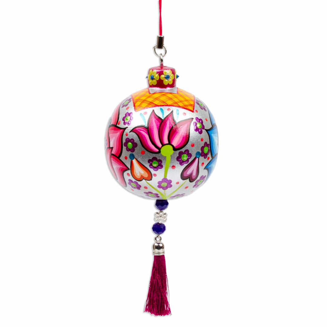 Hand-Painted Floral Copal Wood Ornament in a Silver Base Hue - Oaxaca's Silver Spring