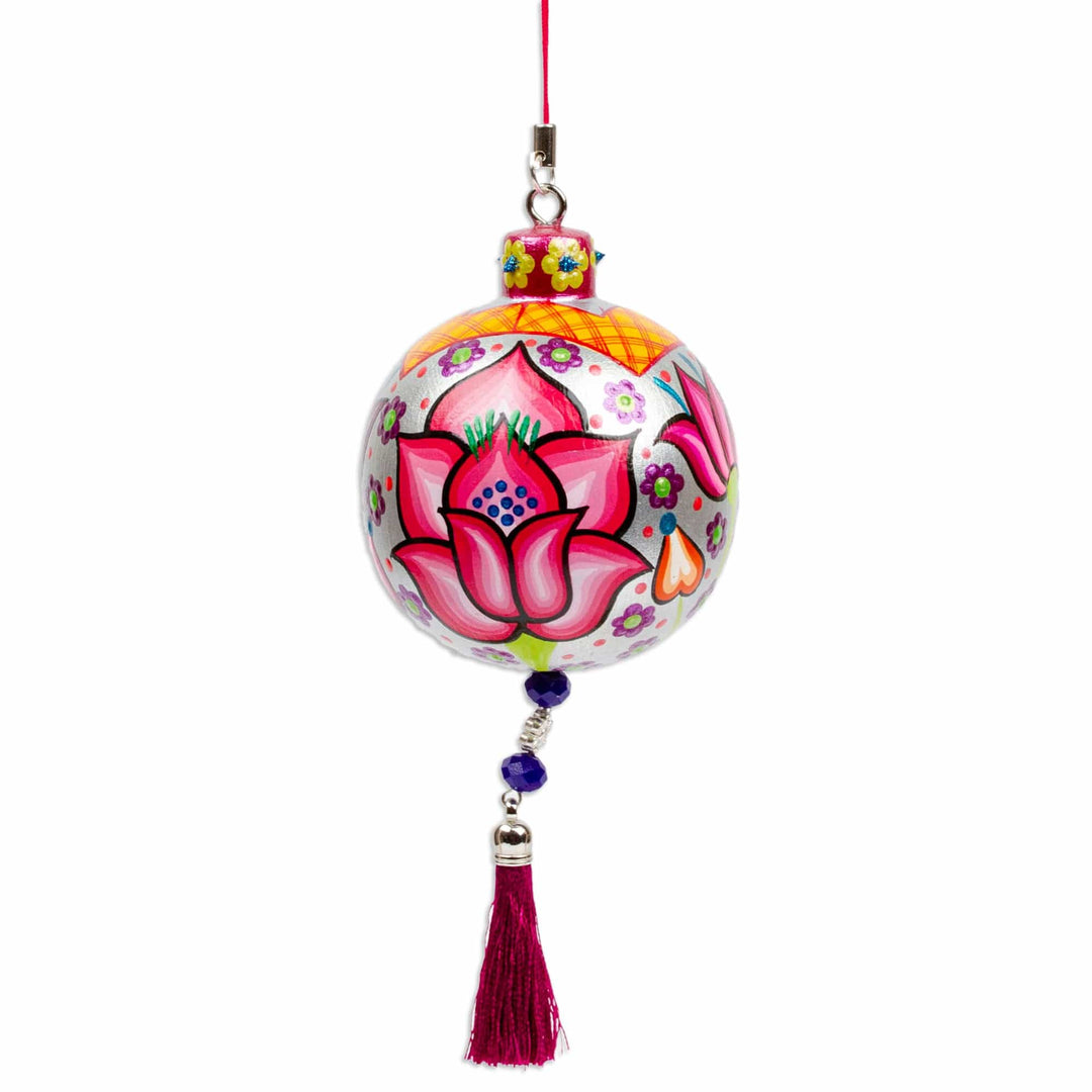 Hand-Painted Floral Copal Wood Ornament in a Silver Base Hue - Oaxaca's Silver Spring