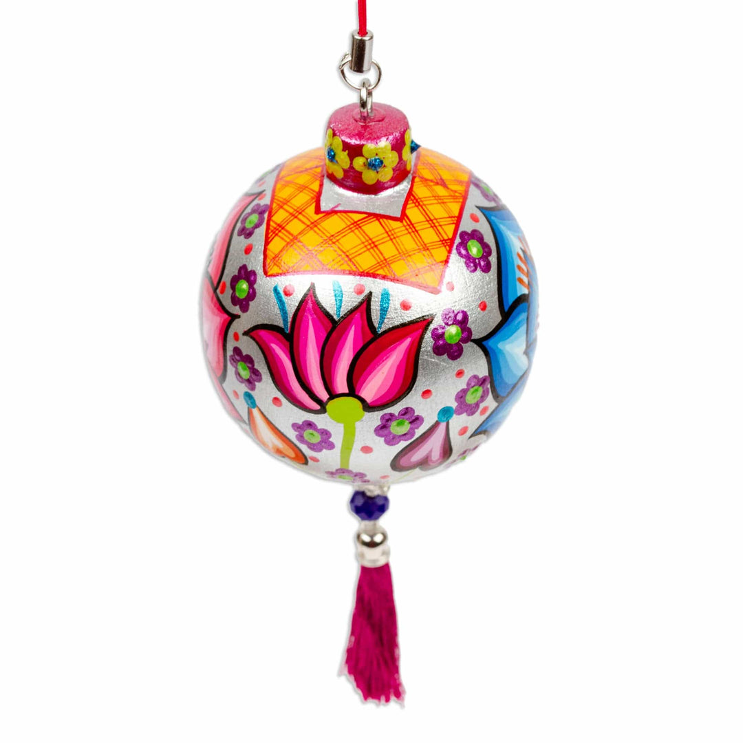 Hand-Painted Floral Copal Wood Ornament in a Silver Base Hue - Oaxaca's Silver Spring