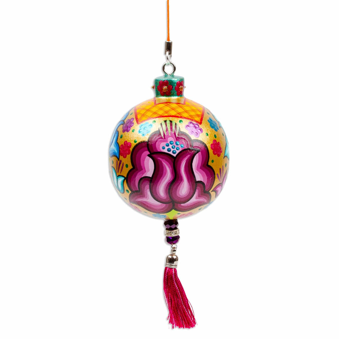 Hand-Painted Floral Copal Wood Ornament in a Golden Base Hue - Oaxaca's Colorful Spring