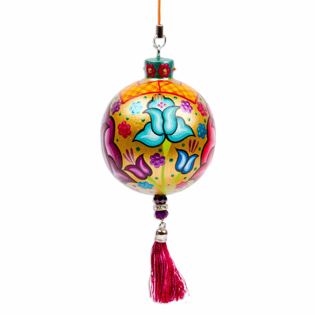 Hand-Painted Floral Copal Wood Ornament in a Golden Base Hue - Oaxaca's Colorful Spring