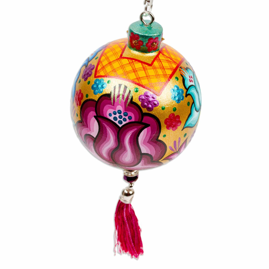 Hand-Painted Floral Copal Wood Ornament in a Golden Base Hue - Oaxaca's Colorful Spring