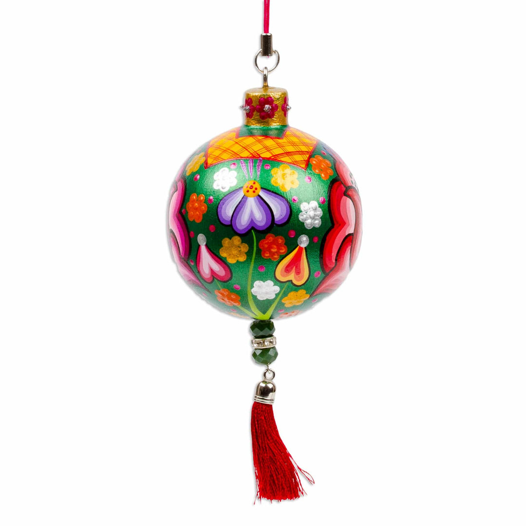 Hand-Painted Floral Copal Wood Ornament in a Green Base Hue - Oaxaca's Green Spring