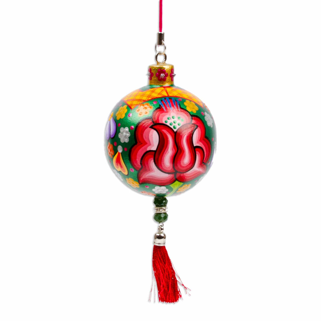 Hand-Painted Floral Copal Wood Ornament in a Green Base Hue - Oaxaca's Green Spring