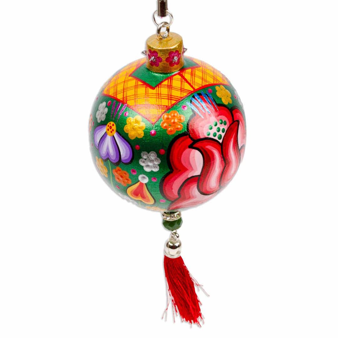 Hand-Painted Floral Copal Wood Ornament in a Green Base Hue - Oaxaca's Green Spring