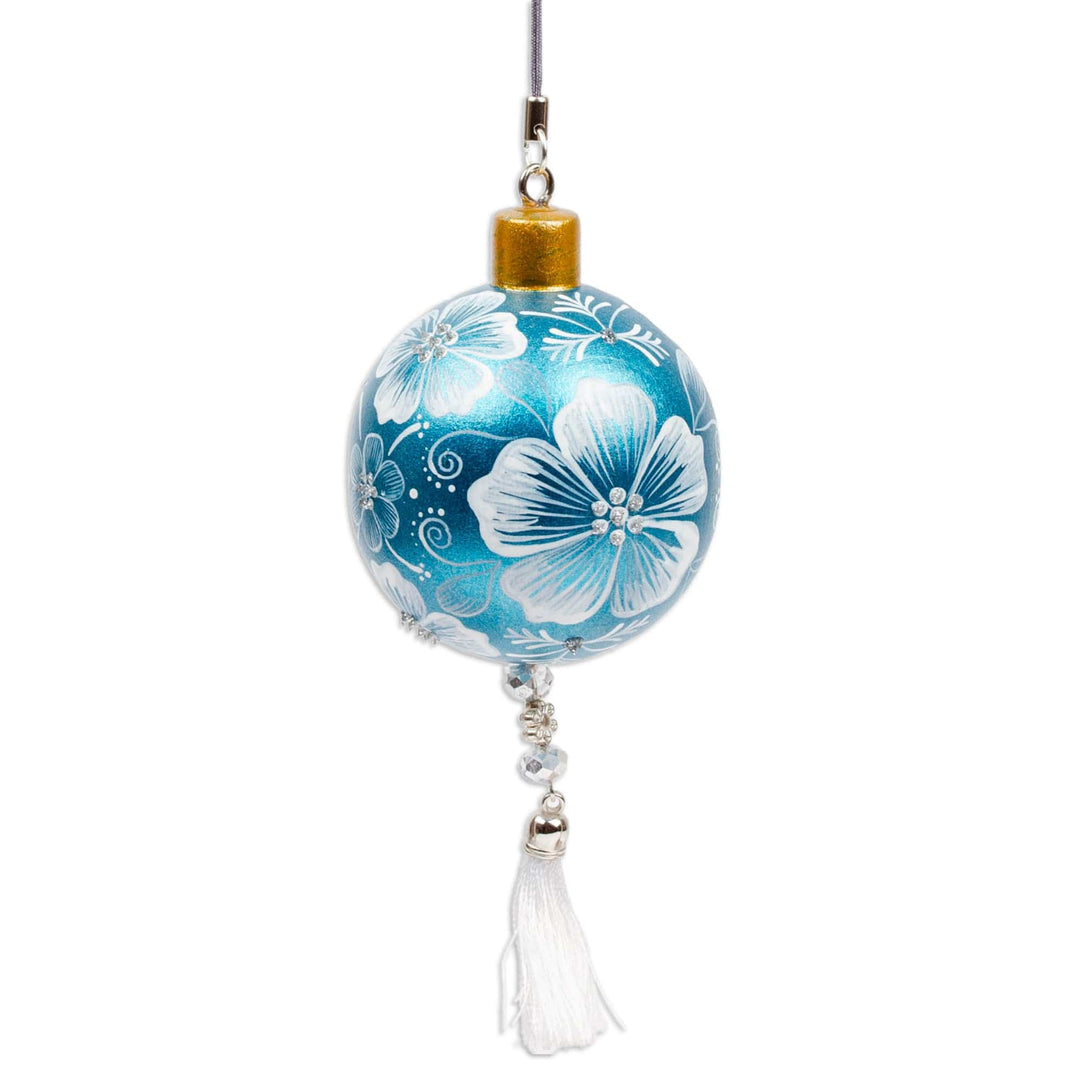 Painted Floral Copal Wood Ornament in Turquoise and White - Turquoise Elysium