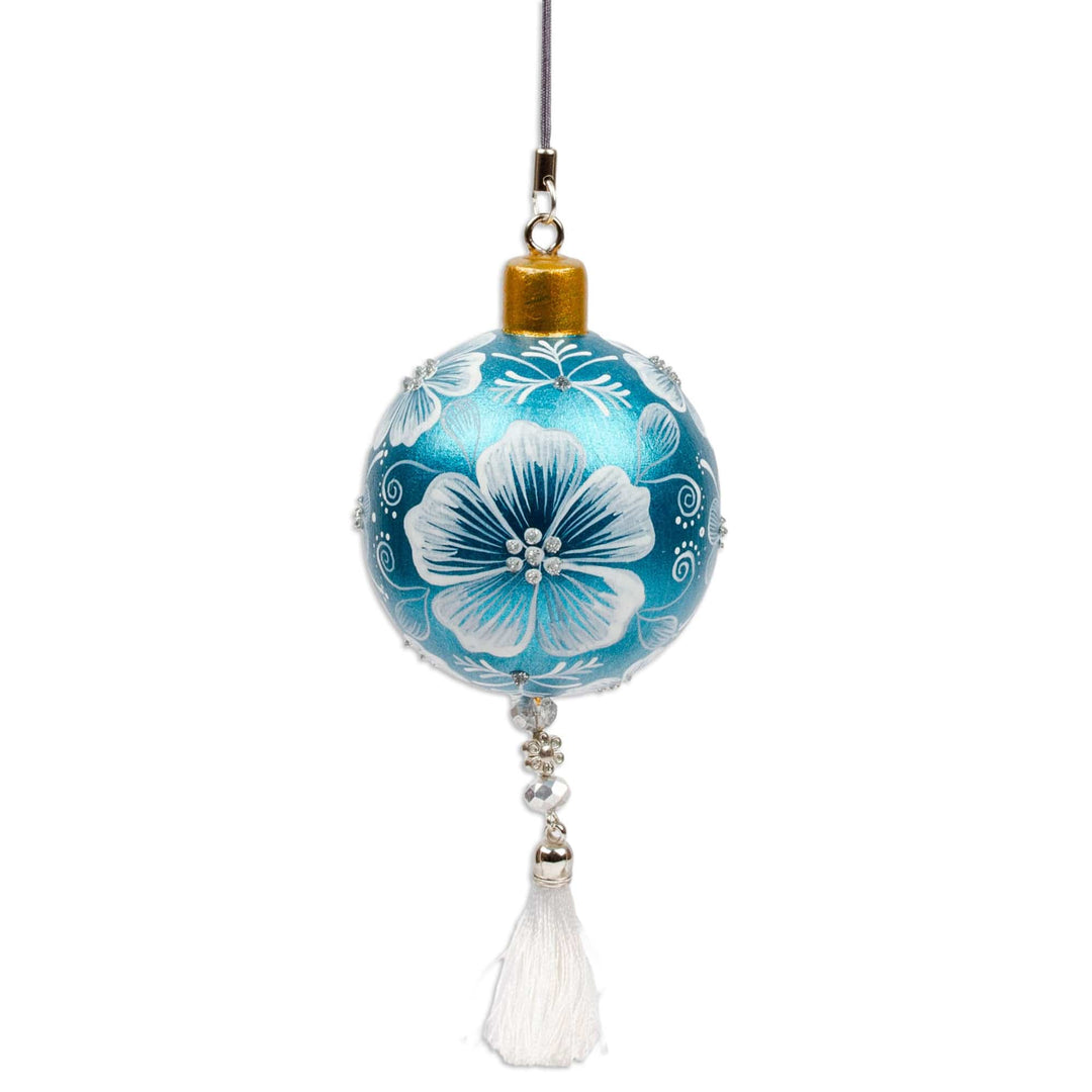 Painted Floral Copal Wood Ornament in Turquoise and White - Turquoise Elysium